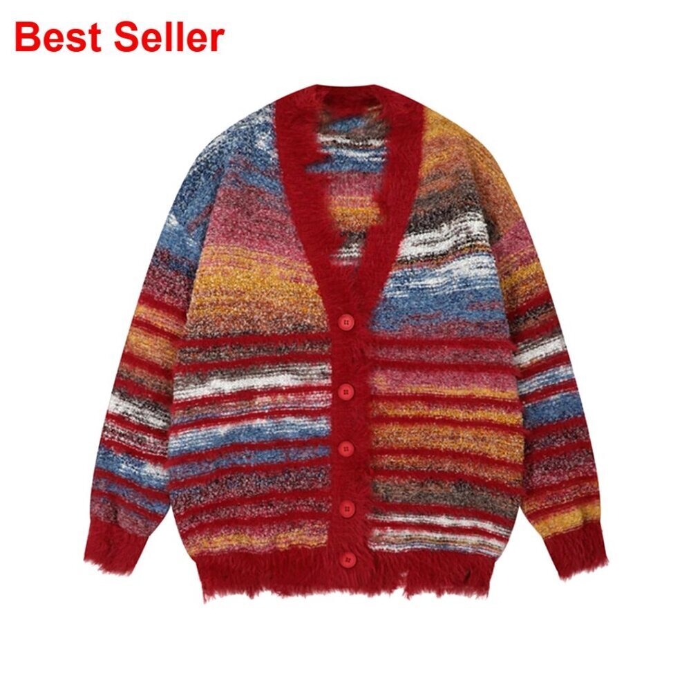 Oversized Striped Fuzzy Cardigan V-Neck Button Down Unisex Sweater